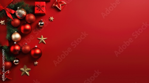 Christmas composition with blank space for text red background, Gifts, fir tree branches. top view, copy space.
