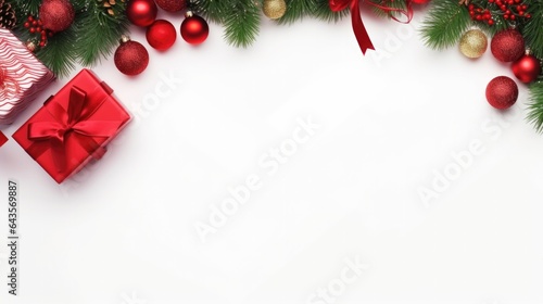 Christmas composition with blank space for text white background, Gifts, fir tree branches. top view, copy space