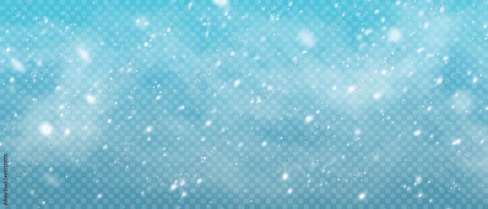 Falling snowflakes in transparent beauty, delicate and small, isolated on a clear background. Snowflake elements, snowy backdrop. Vector illustration of intense snowfall, snowflakes. Christmas.