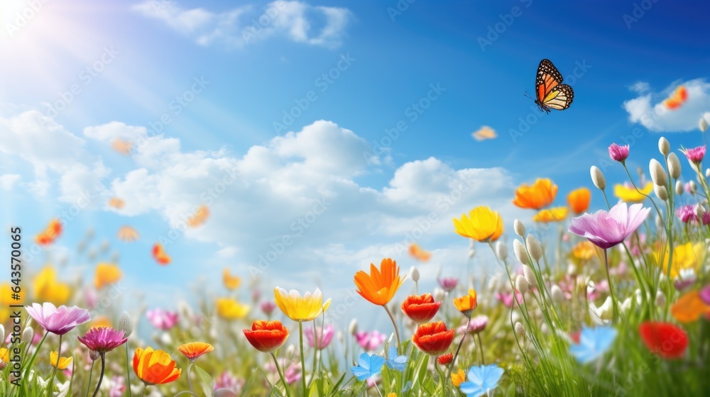 Colored Flowers and Butterflies in a Sunny Meadow. Vibrant Summer Meadow Colorful Flowers and Butterflies in Nature.