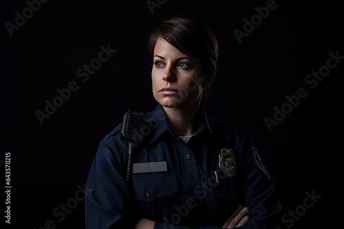 A confident and professional female police officer in uniform against a black background, radiating authority and beauty.