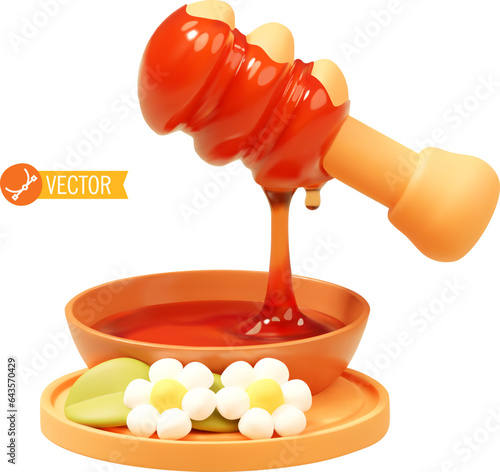 Vector honey dripping from wooden honey dipper into bowl, wooden tray decorated with flowers