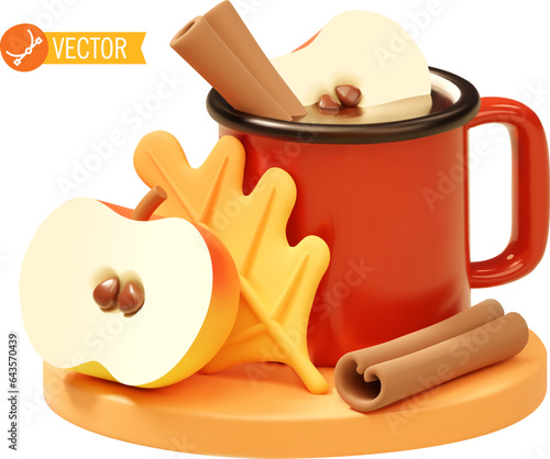 Vector hot spiked apple cider in cup. Metal mug, cinnamon sticks, apple slices, autumn cocktail illustration, fall drink
