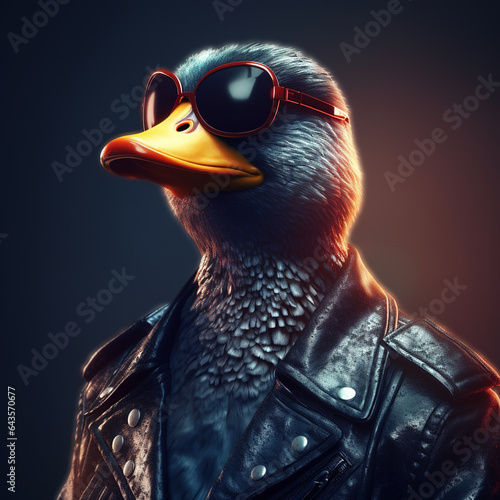 Tableau sur toile Image of a duck wore sunglasses and wore a leather jacket on clean background
