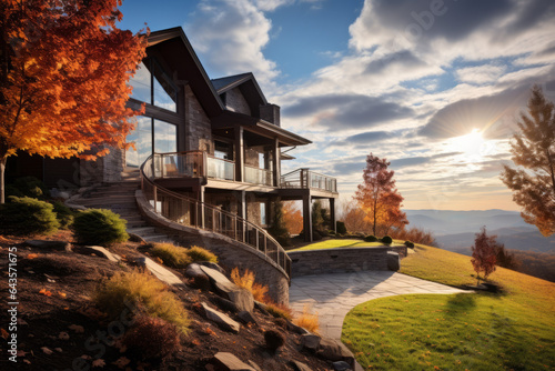 Photo Beautiful luxury home on a hillside in the fall