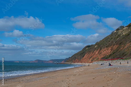 Branscombe Beach, Devon, on a sunny spring day. The beach is located on the south coast of England © parkerspics