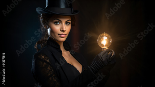 Professional female magician wearing a tall hat and wand on a black background