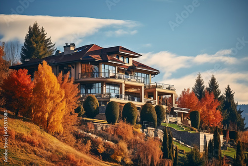 Beautiful luxury home on a hillside in the fall © Fabio