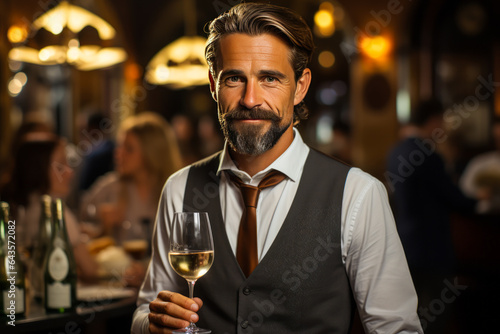 Charismatic sommelier elegantly pours white wine in fine dining restaurant, showcasing expertise and sophistication while explaining wine's unique characteristics.