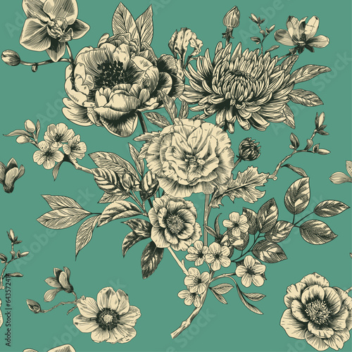 Wallpaper Mural Abstract modern floral seamless pattern with hand drawn flower in Toile de jouy style. Retro elegance repeat print. Vintage design for fabric, wallpaper or wrapping Torontodigital.ca