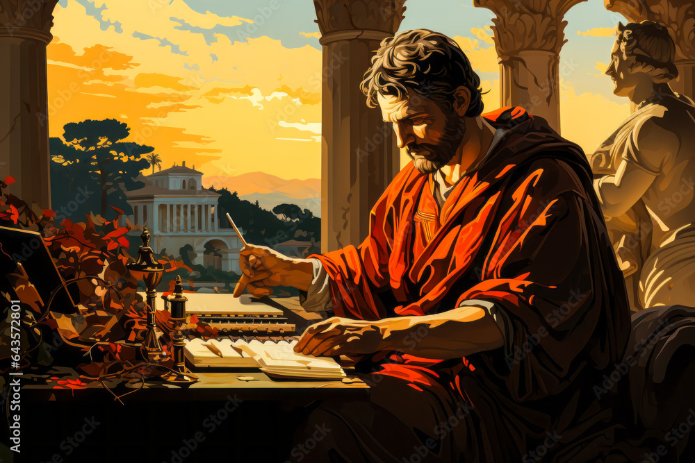 Inspirational Roman senator, cloaked in a toga and deep in contemplation at his scroll-laden desk. Perfect for illustrating themes of wisdom, leadership and ancient Rome culture. - obrazy, fototapety, plakaty 