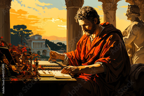 Inspirational Roman senator, cloaked in a toga and deep in contemplation at his scroll-laden desk. Perfect for illustrating themes of wisdom, leadership and ancient Rome culture.