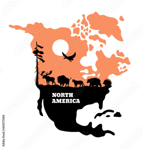 Map of North America, wild animals silhouette, flat vector illustration isolated on white background.