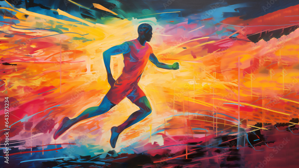 Male athlete runner doing a training excercise for a sports event by jogging and running shown in a contemporary athletic abstract design, Generative AI stock illustration image