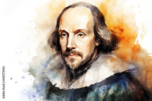 William Shakespeare watercolour painting of the famous English Elizabethan playwright and bard from Stratford Upon Avon born in the 16th century, computer Generative AI stock illustration image photo