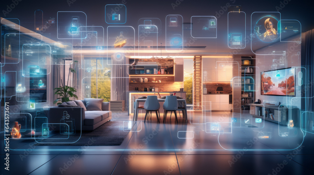 Naklejka premium Smart house, iot system, kitchen cutaway