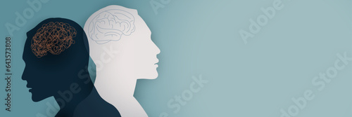 Metaphor bipolar disorder mind mental. Double face with tangle and untangle brain. Split personality. Concept mood disorder. 2 Head silhouette.Psychology. Mental health. Psychiatry