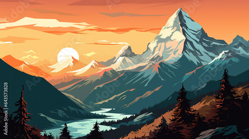 Landscape with mount everest during sunset in comic style, which can be used as background or wallpaper. Digital illustration generative AI.