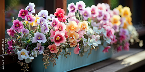 gray plastic planter overflowing with blooming freesias flowers on a balcony photo