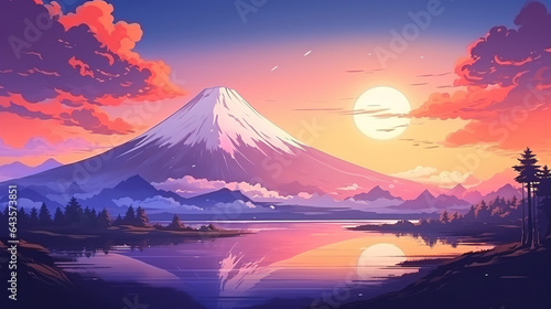 Landscape with mount fuji during sunset in comic style, which can be used as background or wallpaper. Digital illustration generative AI.