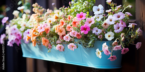 A blue planter overflowing with blooming freesias flowers on a balcony