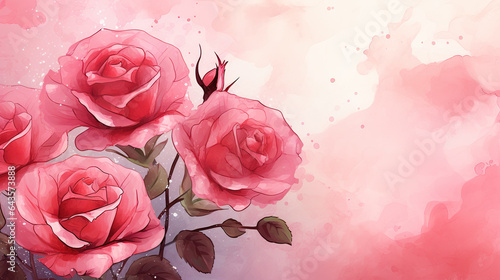 Fototapeta Naklejka Na Ścianę i Meble -  Pretty red roses on a watercolor pink background. Digital illustration generative AI.