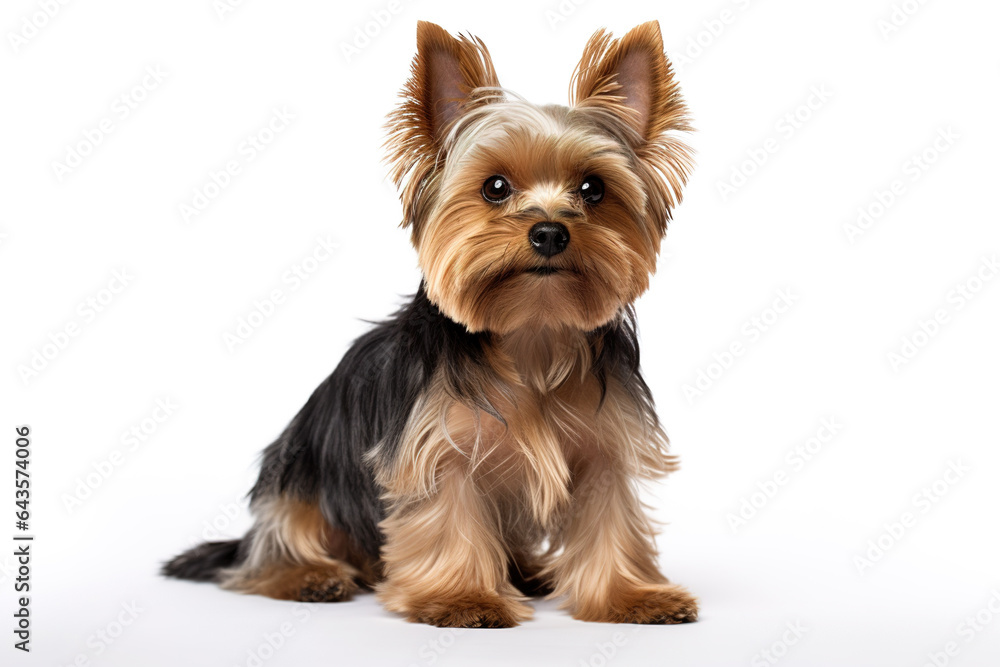 Full body photo of an adorable yorkshire terrier dog isolated on white background. Digital illustration generative AI.