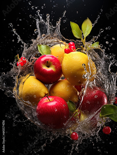 resh fruit splashing over water, generative ai