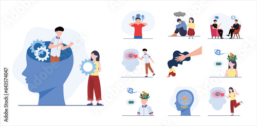 Mental health illustration. Character with mental disorder fight against stress, depression, emotional burnout and other psychological problems. Psychotherapy concept. Vector illustration.