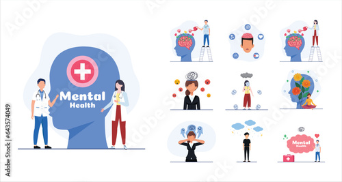 Mental health illustration. Character with mental disorder fight against stress, depression, emotional burnout and other psychological problems. Psychotherapy concept. Vector illustration.