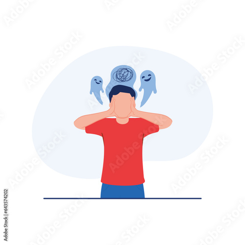 Mental health illustration. Character with mental disorder fight against stress, depression, emotional burnout and other psychological problems. Psychotherapy concept. Vector illustration.