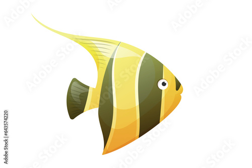 Vector isolated cartoon yellow fish in black stripe. Sea floating inhabitant, Moorish idol.