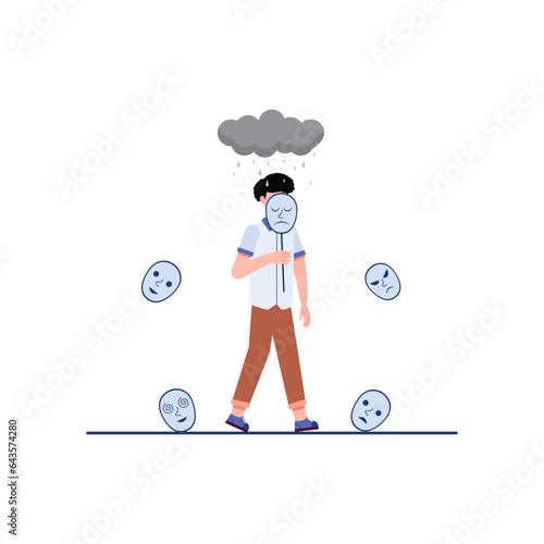 Mental health illustration. Character with mental disorder fight against stress, depression, emotional burnout and other psychological problems. Psychotherapy concept. Vector illustration.