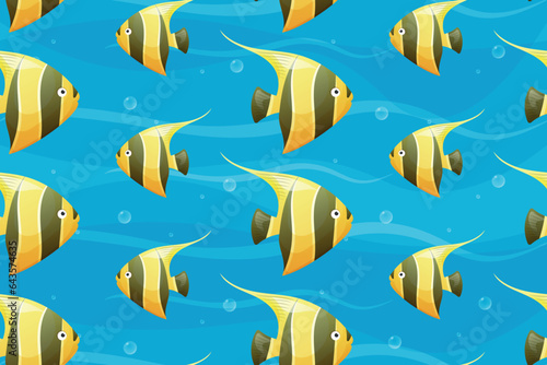 Vector seamless pattern, cartoon yellow fish in black stripe. Sea floating inhabitant, Moorish idol.