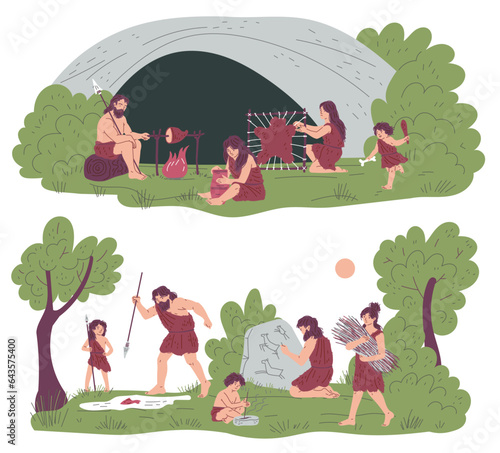 Prehistoric families, cavemen and cavewomen with children, flat vector illustration isolated on white background.