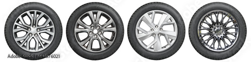 Collection of Car tires with alurim rims on free On isolated transparent PNG background.