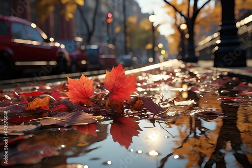 A picturesque background image  showcasing the beauty of November in the fall  with fallen leaves scattered on the wet street after a refreshing rain. Photorealistic illustration  Generative AI