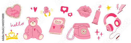 Pink retro 2000s aesthetic elements. Bear, heart, crown, phone, headphones, diary, kiss. Hand drawn style vector illustration.
 photo