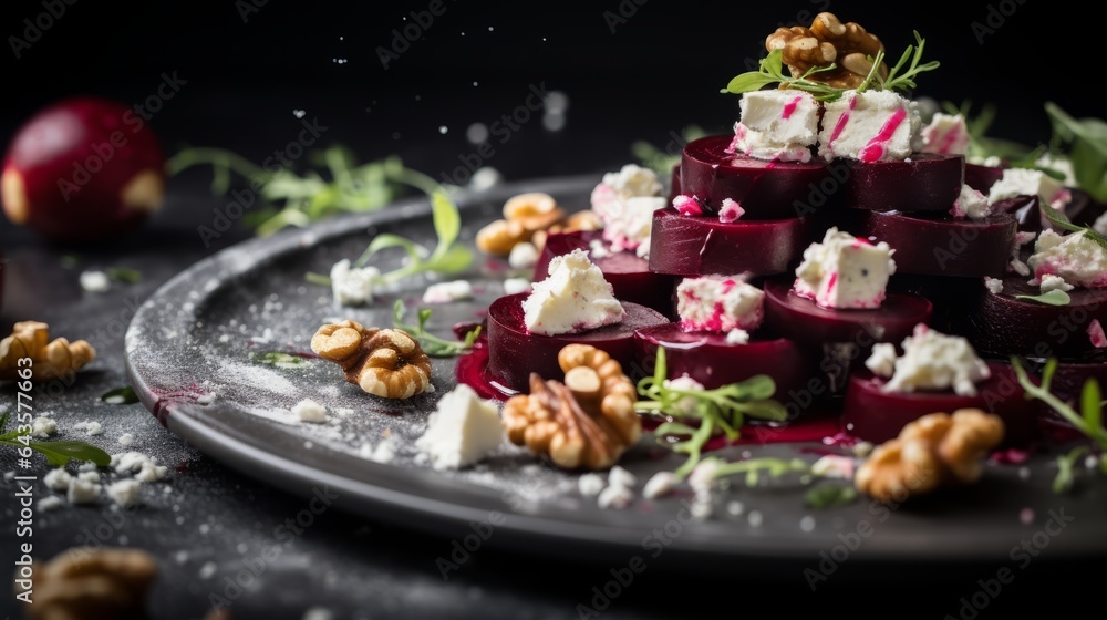 Naklejka premium a beetroot salad, topped with goat cheese and walnuts