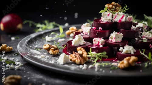 a beetroot salad  topped with goat cheese and walnuts