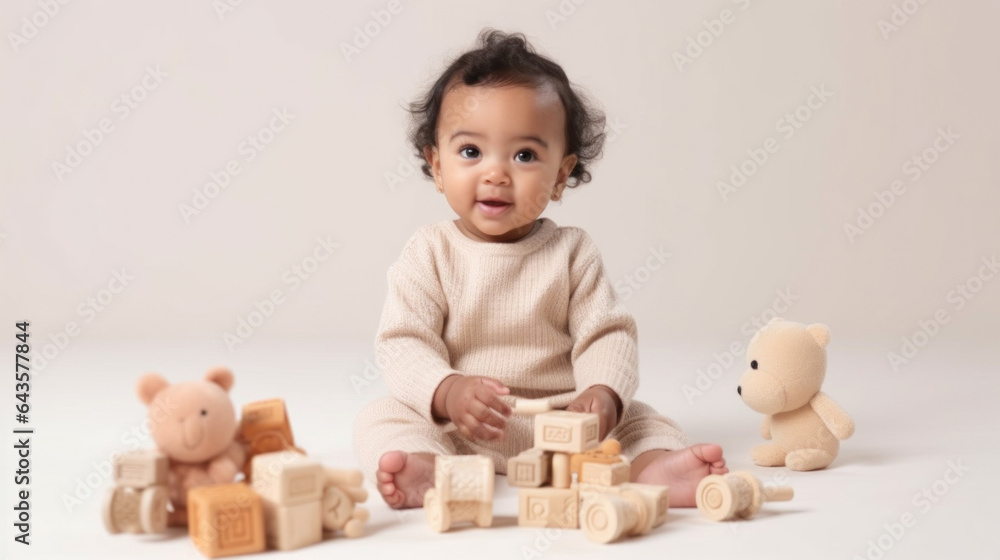 Cheerful toddler has fun with toys. Generative AI