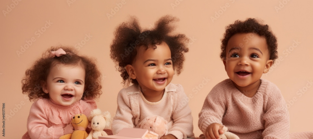 Energetic three afro toddlers play with toys in a bright studio. Generative AI Energetic three afro toddlers play with toys in a bright studio. Generative AI