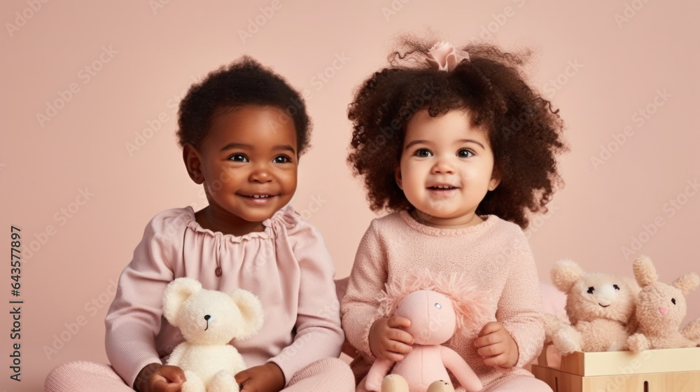 Studio portrait of happy two afro toddlers playing with toys. Generative AI Studio portrait of happy two afro toddlers playing with toys. Generative AI