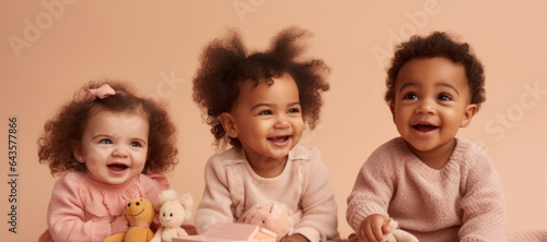 Energetic three afro toddlers play with toys in a bright studio. Generative AI