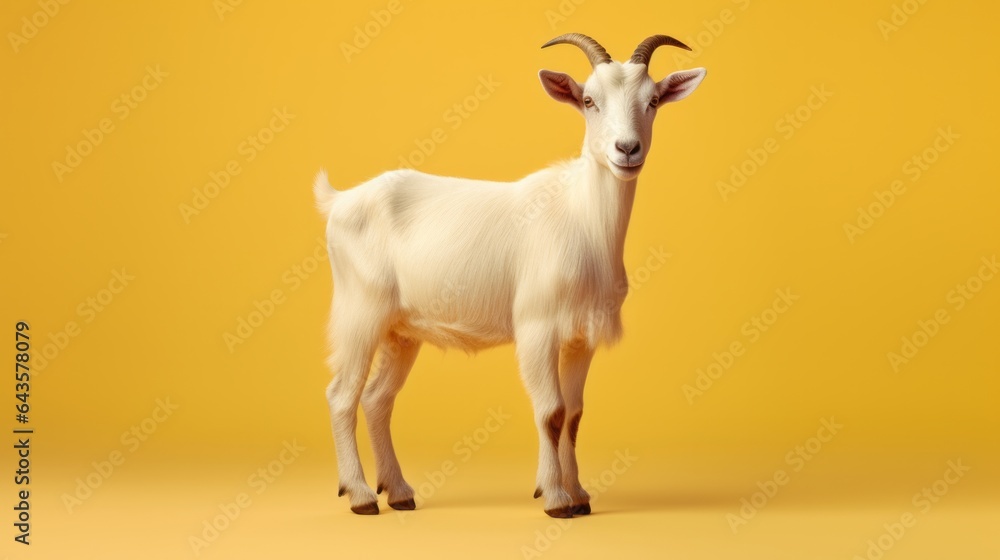 A white goat standing against a vibrant yellow backdrop A white goat standing against a vibrant yellow backdrop