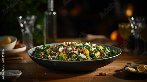 a bowl of kale salad  topped with roasted nuts and a vinaigrette dressing
