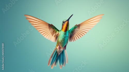 A hummingbird in mid-flight with vibrant wings spread