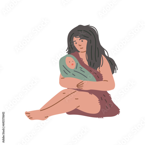 Stone age woman holding baby, flat vector illustration isolated on white background.