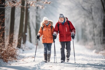 Senior couple with a sticks for nordic walk in a winter forest. Scandinavian walk in a park. AI generated