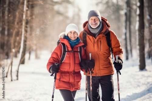Senior couple with a sticks for nordic walk in a winter forest. Scandinavian walk in a park. AI generated